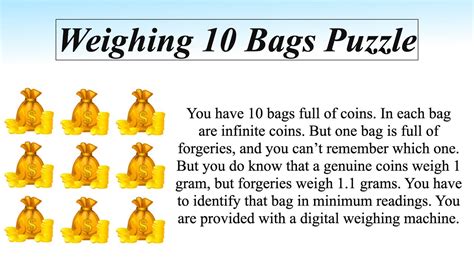 10 bags of coins riddle 1 bag is fake|bag of coins 11 s.